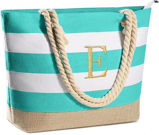 YOOLIFE Initial Canvas Waterproof Beach Tote Bag Zipper Personalized Gifts by YOOLIFE
