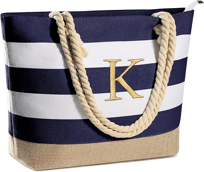 YOOLIFE Initial Canvas Waterproof Beach Tote Bag Zipper Personalized Gifts by YOOLIFE