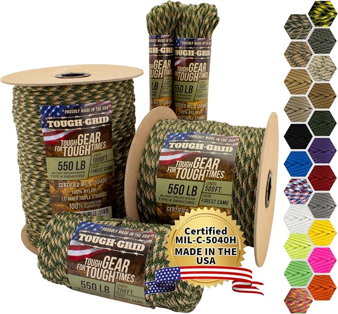 TOUGH-GRID 550 Paracord Rope Nylon Parachute Cord, Made in USA Survival Kit by TOUGH-GRID