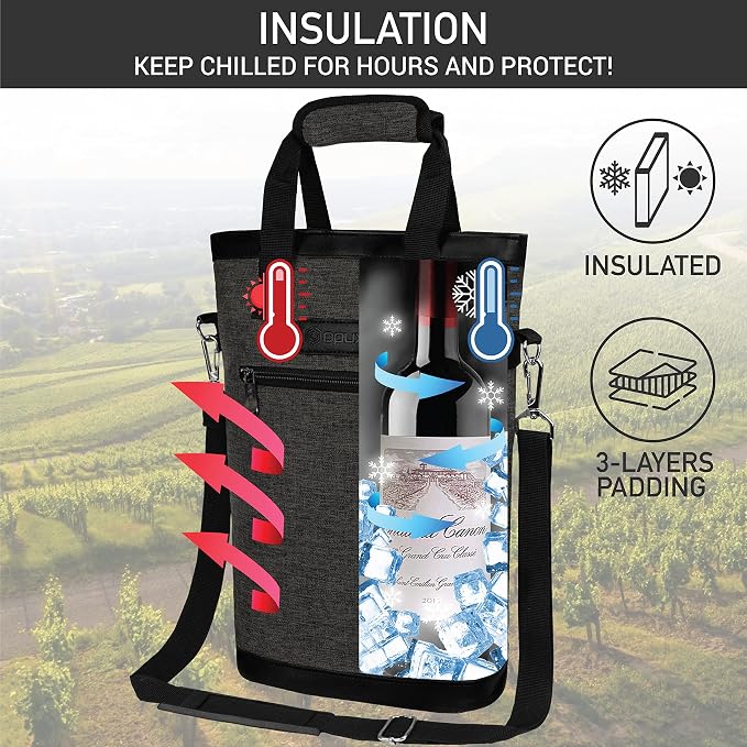 opux Two Bottle Wine Bag Carrier Tote, Insulated Leakproof 2 Bottle Wine Cooler - Image 3