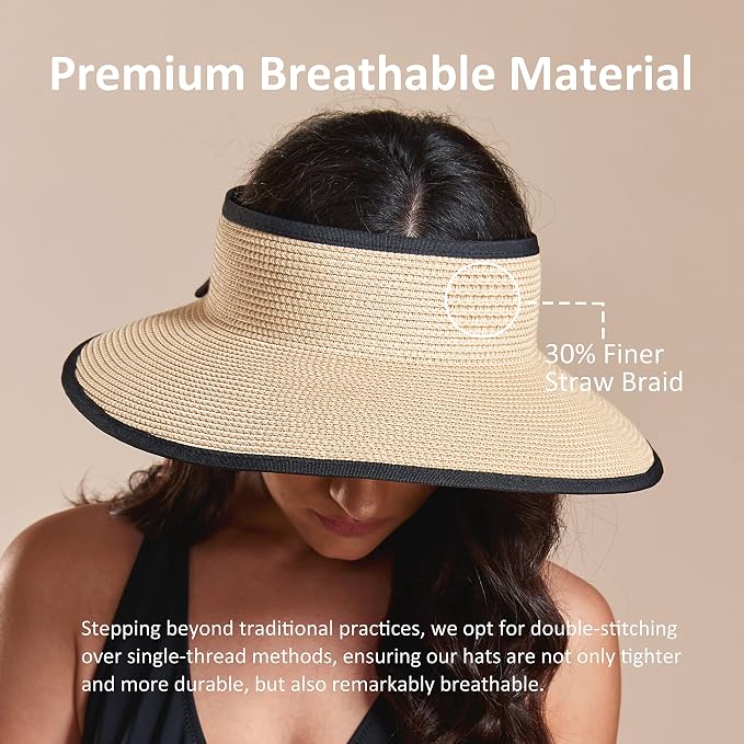 Joywant Womens Sun Visor Hats, Packable Wide Brim Ponytail Beach Hat Straw - Image 6
