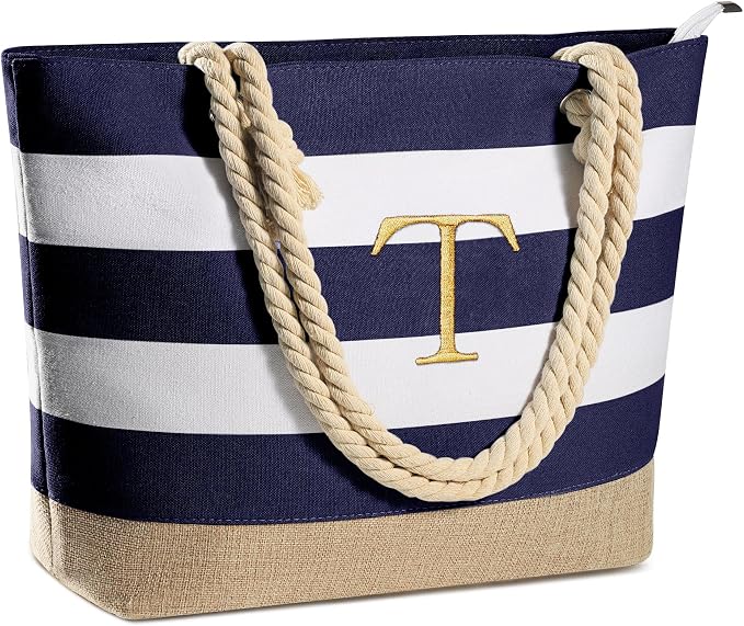 YOOLIFE Initial Canvas Waterproof Beach Tote Bag Zipper Personalized Gifts by YOOLIFE