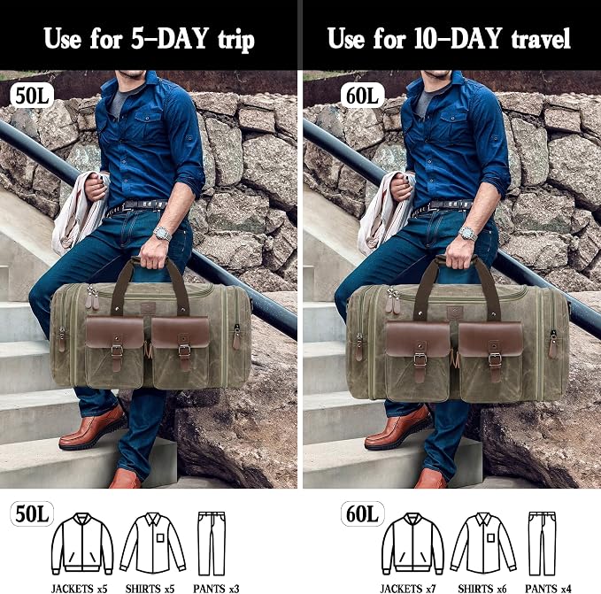 Waxed Canvas Duffle Bag for Men 60L Travel Duffel Bags Expandable Genuine - Image 3