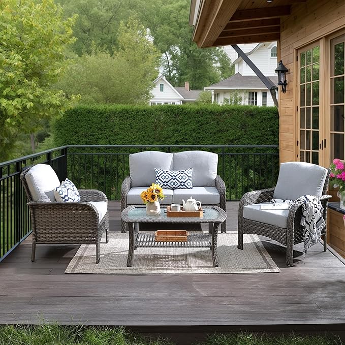 HOOOWOOO Patio Furniture Set, 4 Pieces Outdoor Conversation Set, All Weather by DesignforBetterLife