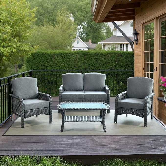 HOOOWOOO Patio Furniture Set, 4 Pieces Outdoor Conversation Set, All Weather by DesignforBetterLife