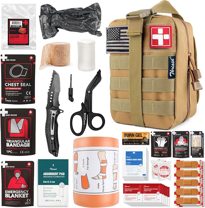 Survival First Aid Kit with Israeli Bandage, Chest Seal, Tactical Military by THRIAID