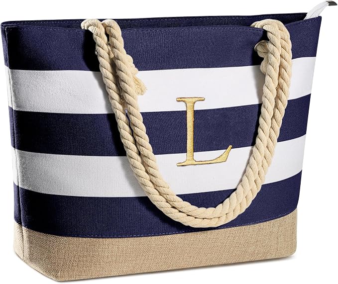 YOOLIFE Initial Canvas Waterproof Beach Tote Bag Zipper Personalized Gifts by YOOLIFE