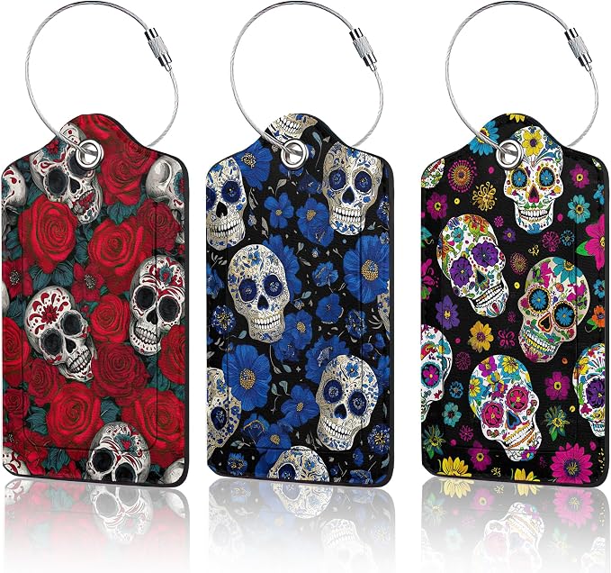 3 Pack PU Sugar Skull and Flowers Leahter Luggage Tag by Unknown