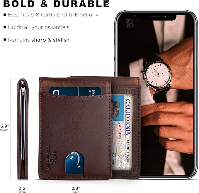 SERMAN BRANDS RFID Blocking Slim Bifold Genuine Leather Minimalist Front Pocket - Image 5