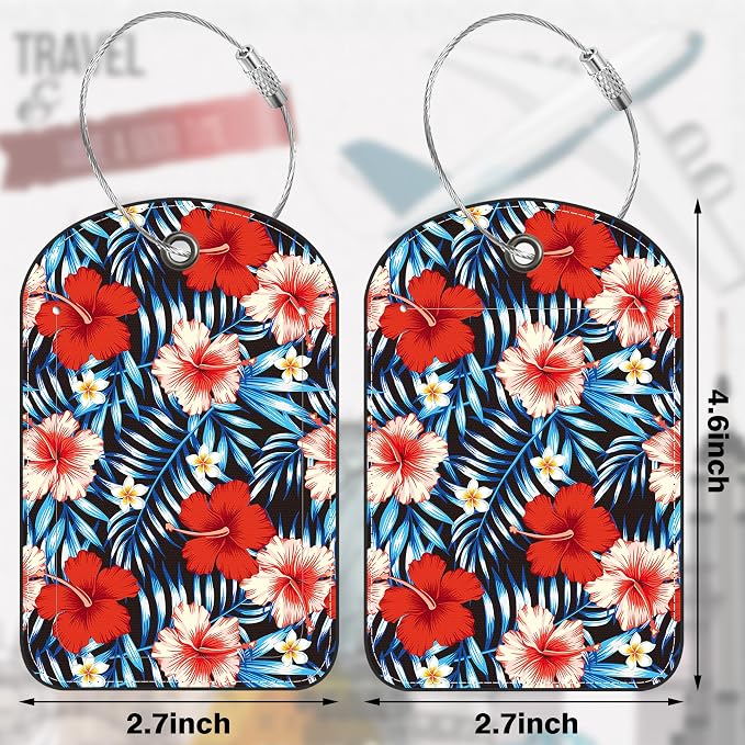 2 PCS Leather Luggage Tag for Suitcase Palm Leaves and Hibiscus Flower Travel - Image 2