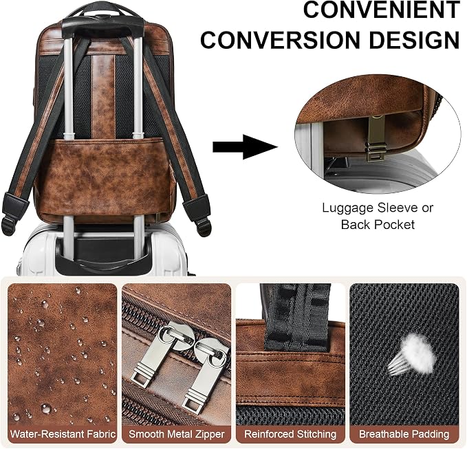 Vegan Leather Laptop Backpack for Women&Men, 16 Inch Expandable Backpack - Image 6