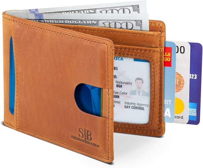 SERMAN BRANDS RFID Blocking Slim Bifold Genuine Leather Thin Minimalist Front by SERMANBRANDS