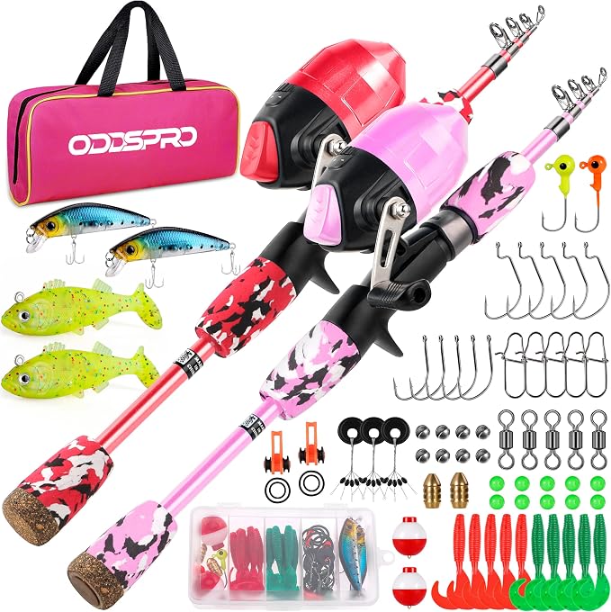 ODDSPRO Kids Fishing Pole Pink, Portable Telescopic Fishing Rod and Reel Combo by ODDSPRO