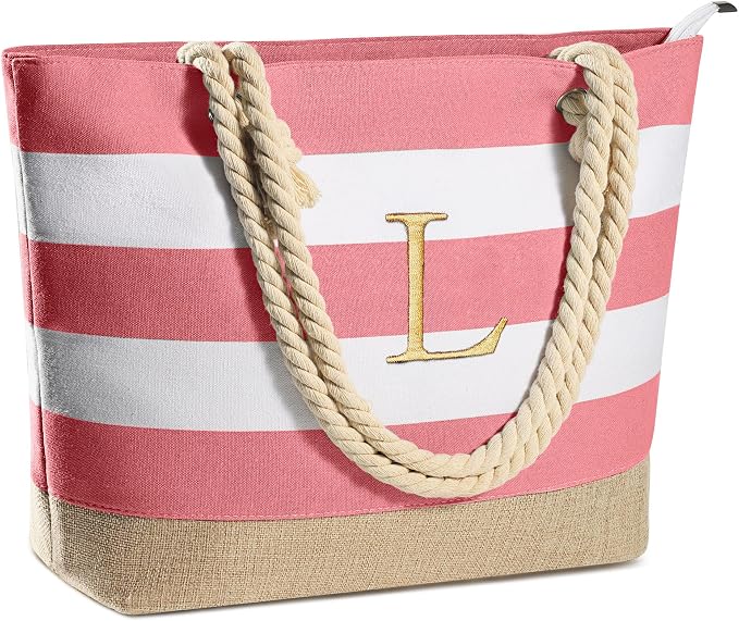 YOOLIFE Initial Canvas Waterproof Beach Tote Bag Zipper Personalized Gifts by YOOLIFE