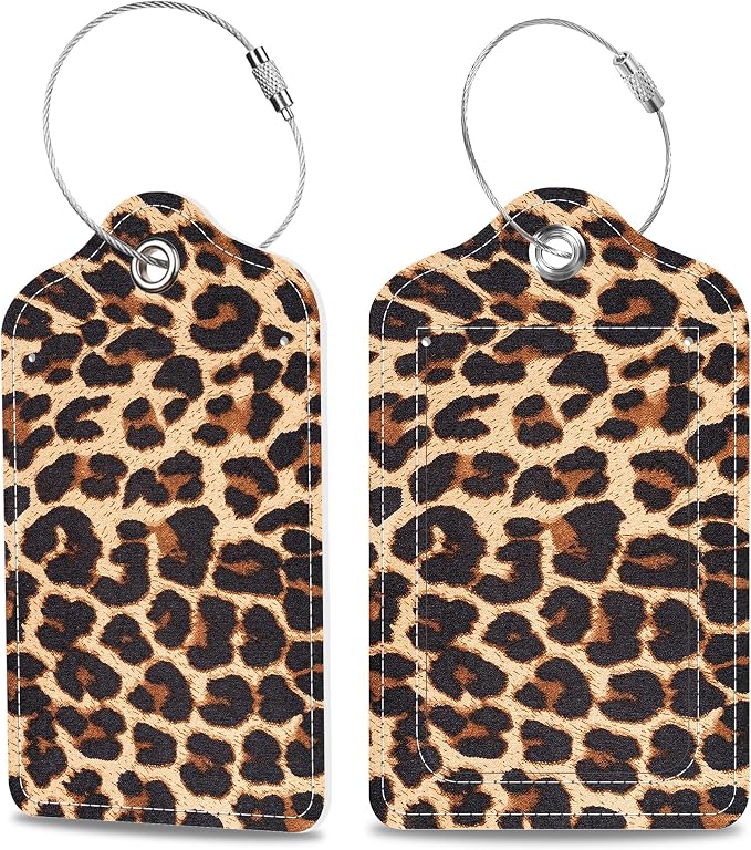 Set of 2 Luggage Tags Brown Leopard Texture Leather Suitcases Tag by MSEAANBK