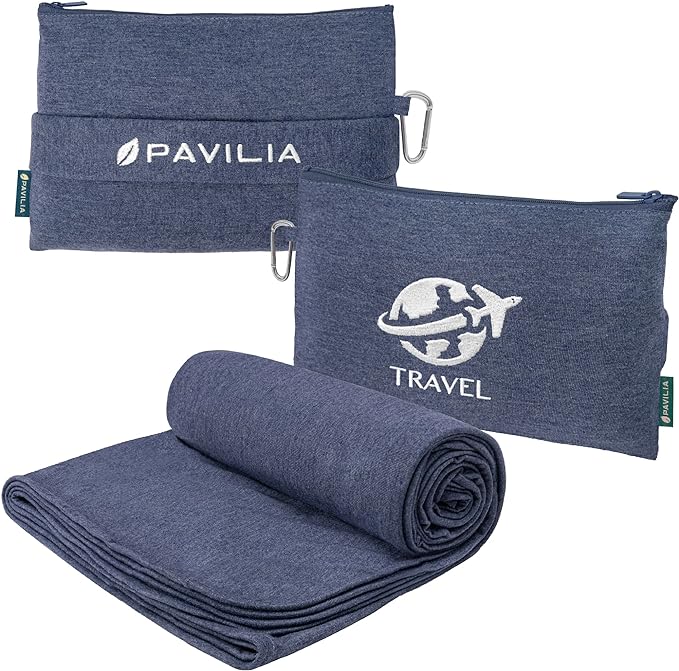 PAVILIA Travel Blanket Compact, Airplane Packable Bag, Soft Fleece Portable by PAVILIA
