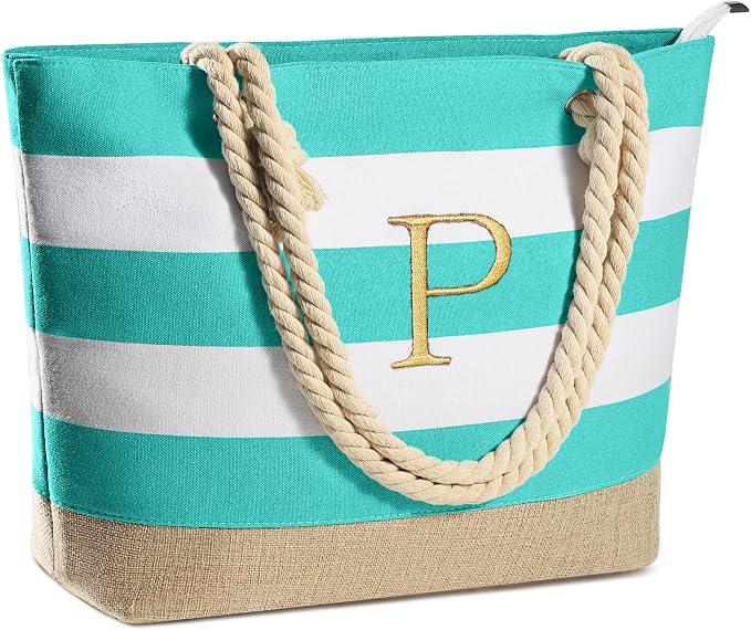 YOOLIFE Initial Canvas Waterproof Beach Tote Bag Zipper Personalized Gifts by YOOLIFE