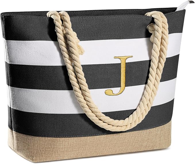 YOOLIFE Initial Canvas Waterproof Beach Tote Bag Zipper Personalized Gifts by YOOLIFE