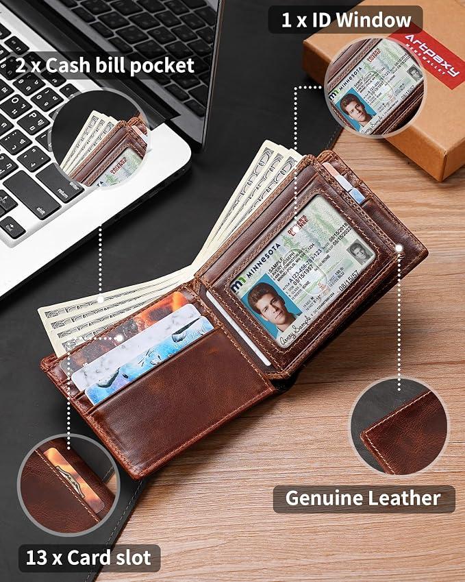 Mens Wallet Bifold Genuine Leather RFID Blocking Wallet - Image 5