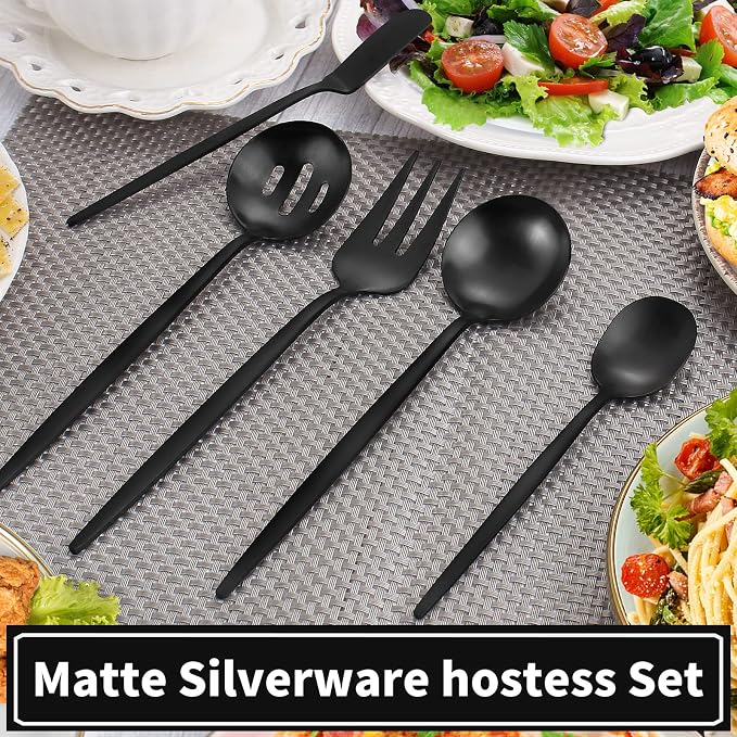 Matte Black Serving Silverware Set, 5-Piece Round Shared Utensils Set of - Image 5
