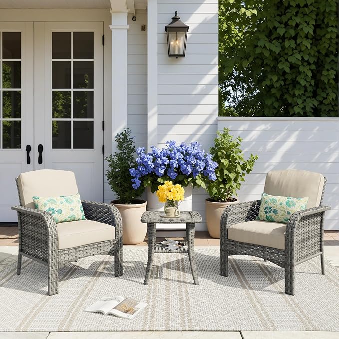 HOOOWOOO Patio Furniture Set, 3 Pieces Outdoor Conversation Set, All Weather by DesignforBetterLife