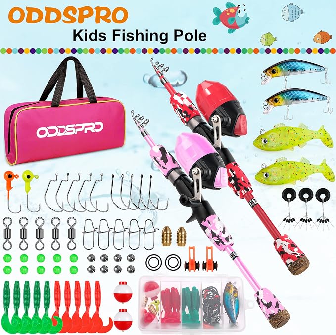 ODDSPRO Kids Fishing Pole Pink, Portable Telescopic Fishing Rod and Reel Combo - Image 2