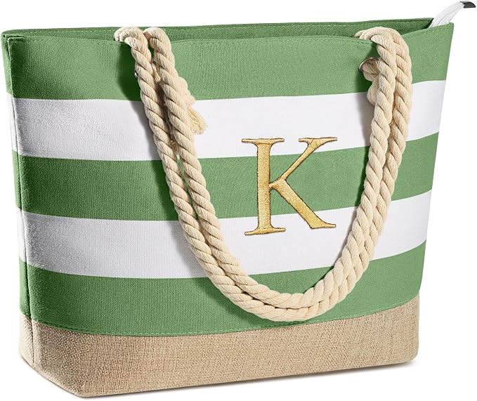 YOOLIFE Initial Canvas Waterproof Beach Tote Bag Zipper Personalized Gifts by YOOLIFE