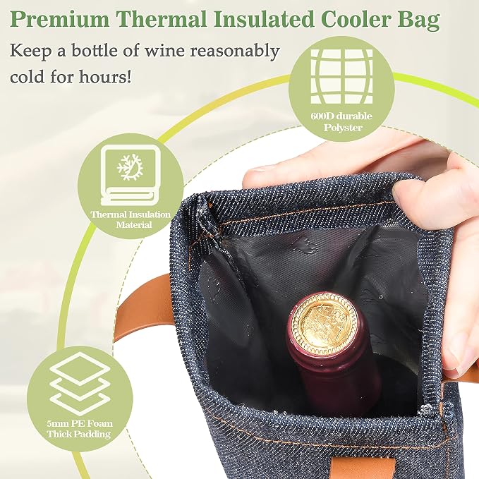 Tirrinia Single Wine Carrier Tote, Insulated Wine Cooler Bag - Image 3