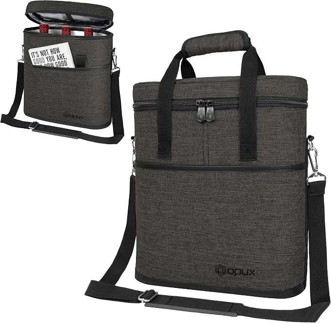 opux 3 Bottle Wine Carrier Tote, Insulated Leakproof Wine Cooler Bag, Wine - Image 8