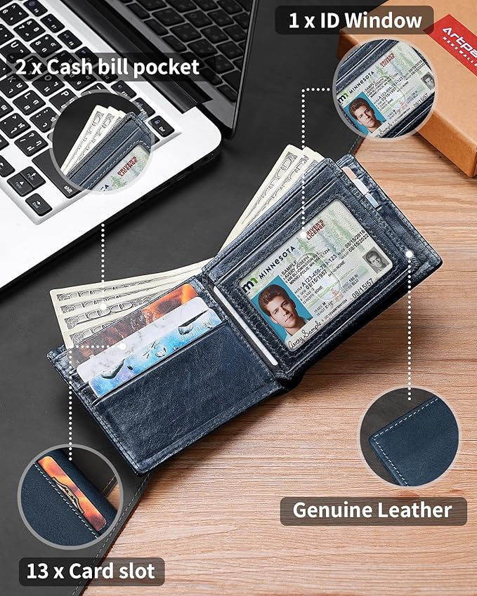 Mens Wallet Bifold Genuine Leather RFID Blocking Wallet - Image 5