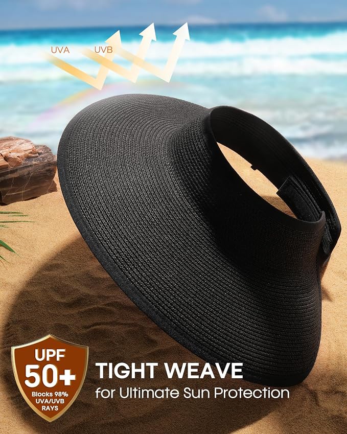 Womens Sun Visor Hats Wide Brim Straw Beach Hat UV Protection Ponytail Packable - Image 2