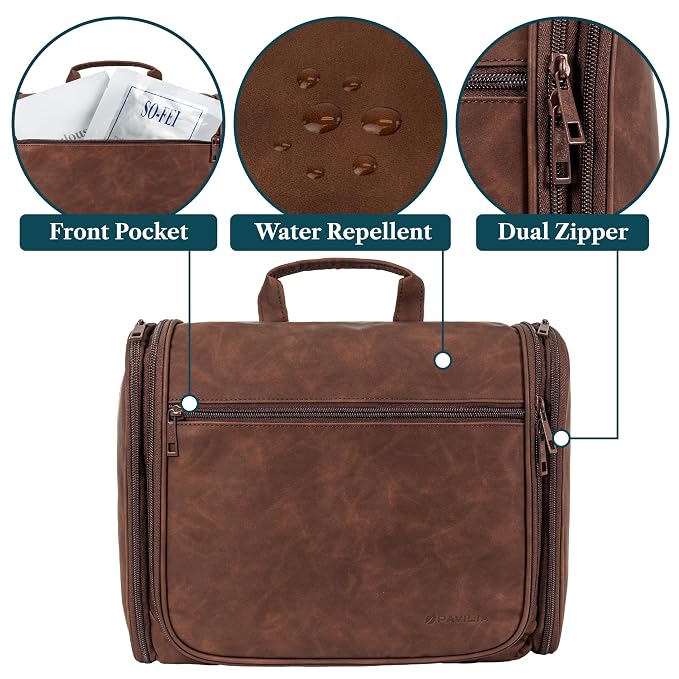 PAVILIA Large Hanging Toiletry Bag Travel Bag Women Men, PU Leather Cosmetic - Image 4