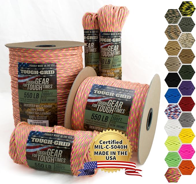 TOUGH-GRID 550 Paracord Rope Nylon Parachute Cord, Made in USA Survival Kit by TOUGH-GRID