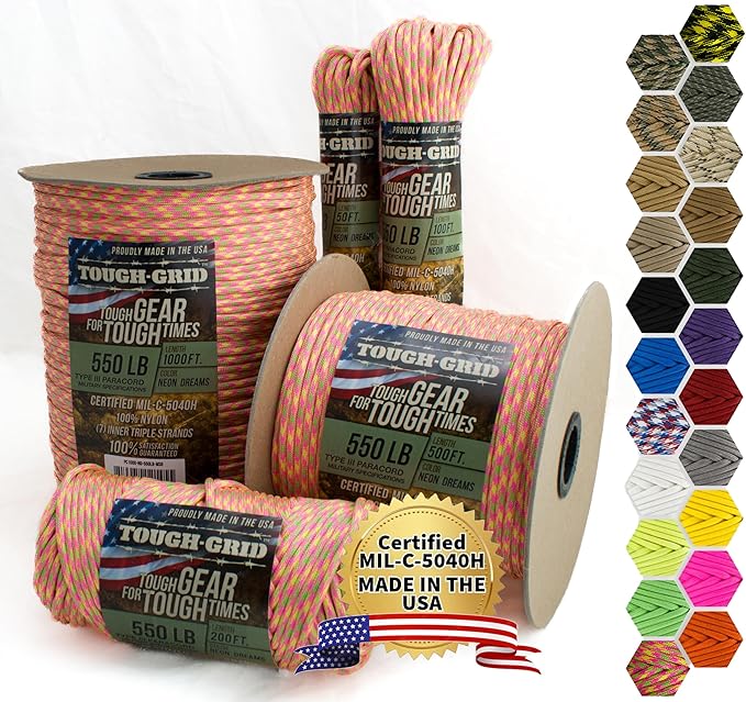 TOUGH-GRID 550 Paracord Rope Nylon Parachute Cord, Made in USA Survival Kit by TOUGH-GRID
