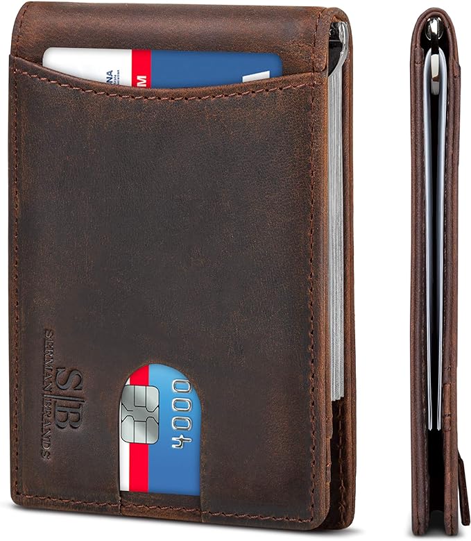 SERMAN BRANDS RFID Blocking Slim Bifold Genuine Leather Minimalist Front Pocket by SERMANBRANDS