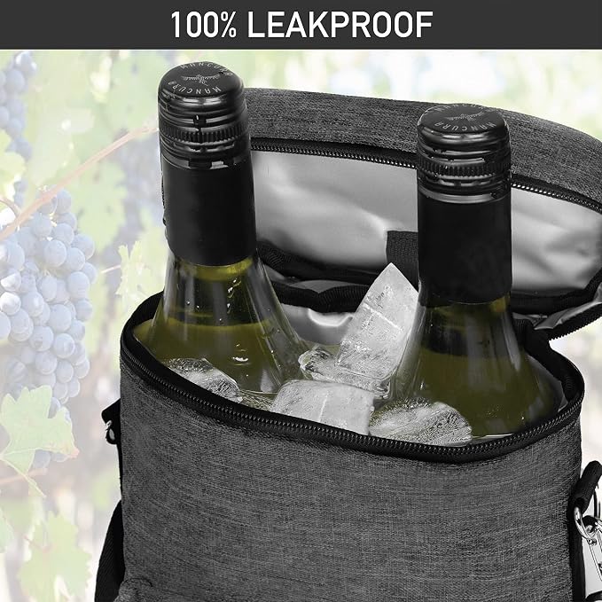 Opux 2 Bottle Wine Tote Carrier, Insulated Cooler Bag - Image 5