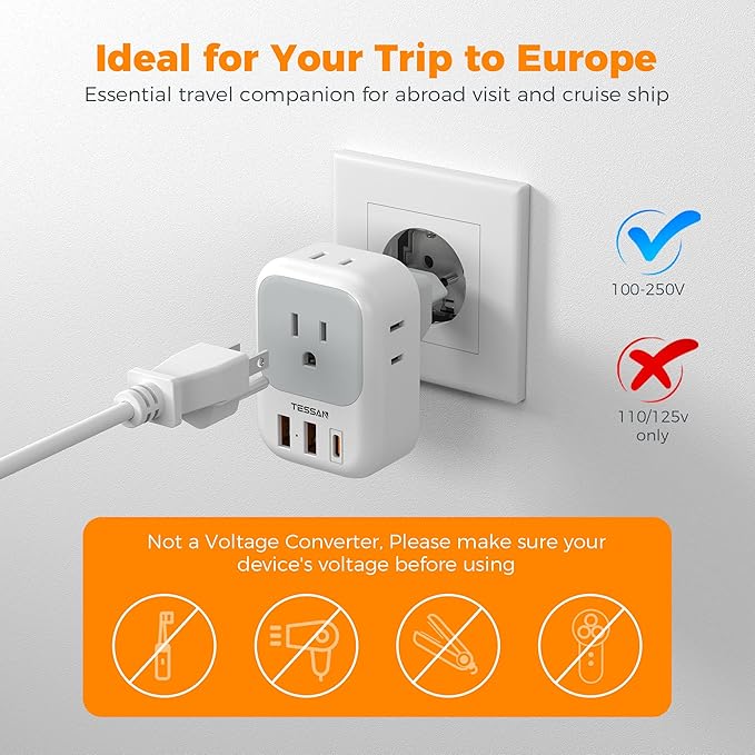 TESSAN European Travel Plug Adapter 2 Packs, Type C Europe Adaptor Foldable - Image 6
