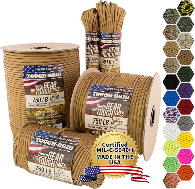 TOUGH-GRID 750 Paracord Rope Nylon Parachute Cord, Made in USA Survival Kit by TOUGH-GRID