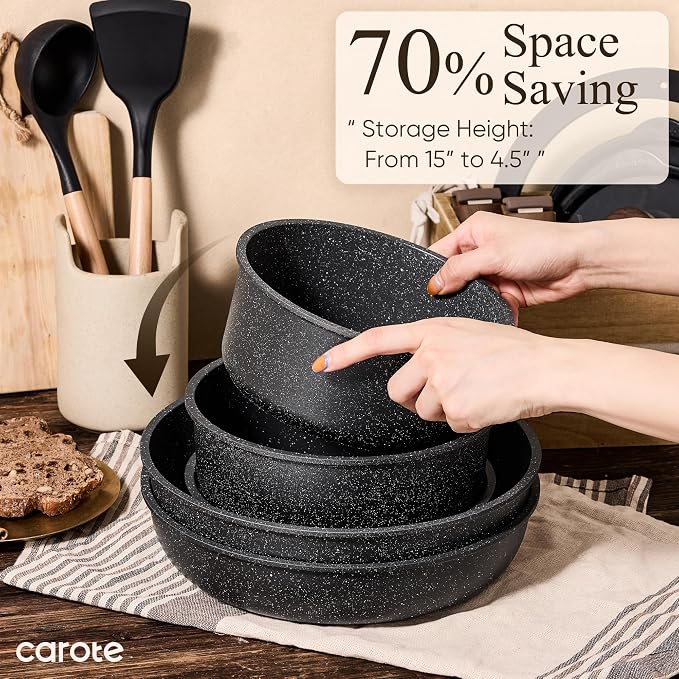 CAROTE 17pcs Pots and Pans Non Stick, Cookware Sets Detachable Handle, - Image 5