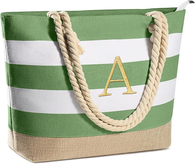 YOOLIFE Initial Canvas Waterproof Beach Tote Bag Zipper Personalized Gifts by YOOLIFE