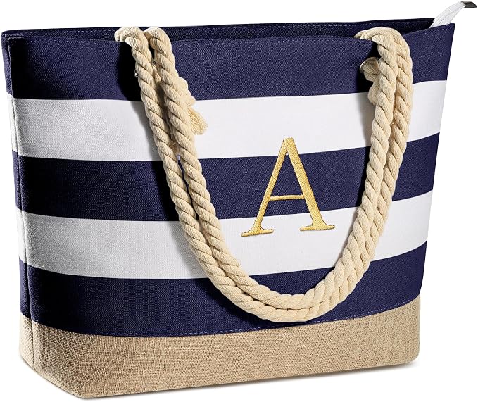 YOOLIFE Initial Canvas Waterproof Beach Tote Bag Zipper Personalized Gifts by YOOLIFE