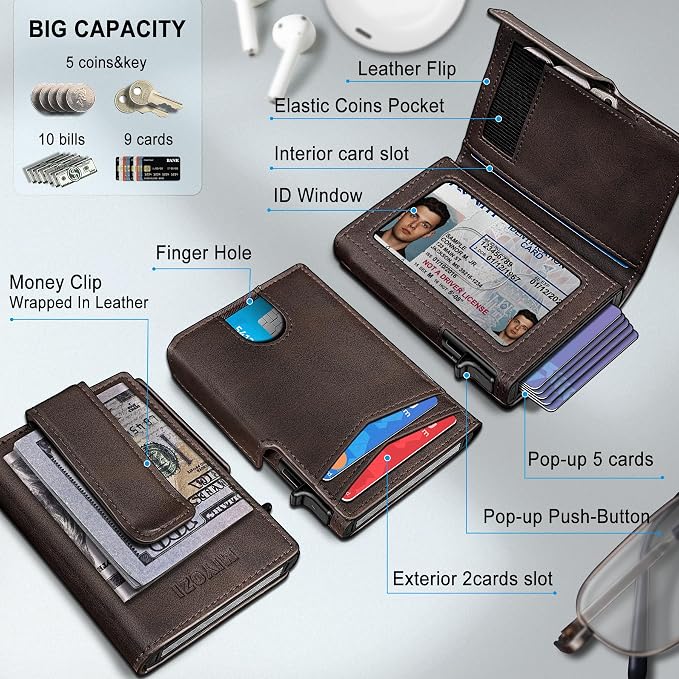 Men Wallet, with Money Clip Coins Pocket ID Window, Slim Front Pocket RFID - Image 2