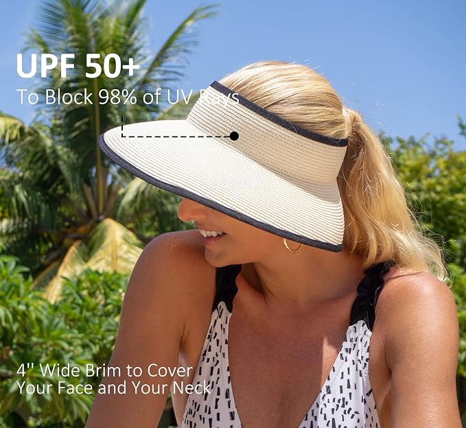 Joywant Womens Sun Visor Hats, Packable Wide Brim Ponytail Beach Hat Straw - Image 2