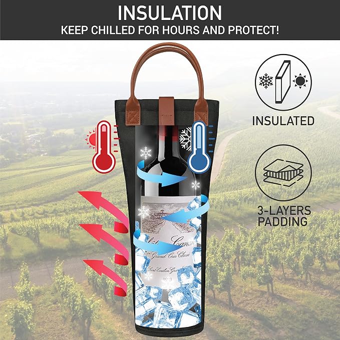 opux Wine Bag Single Bottle Carrier Tote, Insulated Travel Wine Cooler Bag - Image 2