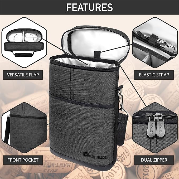 opux 2 Bottle Wine Carrier Tote, Insulated Leakproof Wine Cooler Bag, Wine - Image 4