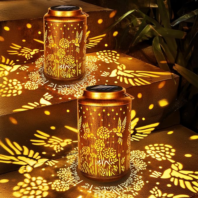 Brizled Hummingbird Solar Lantern Lights, 2 Pack LED Hollow Out Hanging Lantern by Brizled
