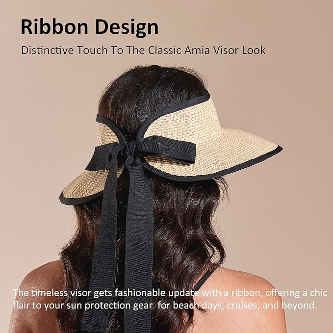 Joywant Womens Sun Visor Hats, Packable Wide Brim Ponytail Beach Hat Straw - Image 3