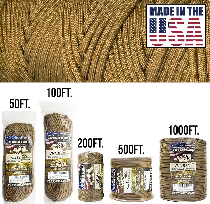 TOUGH-GRID 750 Paracord Rope Nylon Parachute Cord, Made in USA Survival Kit - Image 2