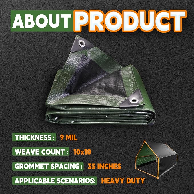 10x20 Feet Tarp Waterproof, 9Mil Thick, Finished Size Tarps, UV Resistant - Image 6